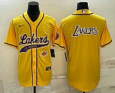 Mens Los Angeles Lakers Yellow Big Logo With Patch Cool Base Stitched Baseball Jersey,baseball caps,new era cap wholesale,wholesale hats